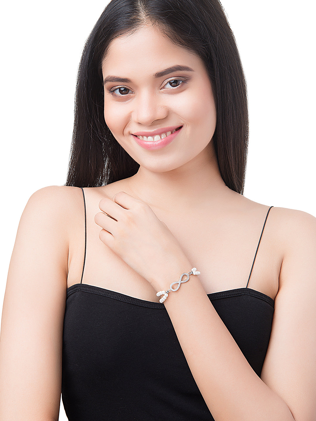 CZ Studded Silver Plated Designer Stylish and Latest Infinity & Hamsa Charm Pearl Bracelet for Girls & Women (MD_3220_S)