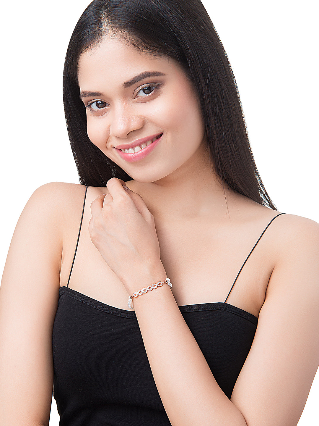 CZ Studded Rose Gold Plated Designer Stylish and Latest Infinity & Hamsa Charm Pearl Bracelet for Girls & Women (MD_3221_RG)