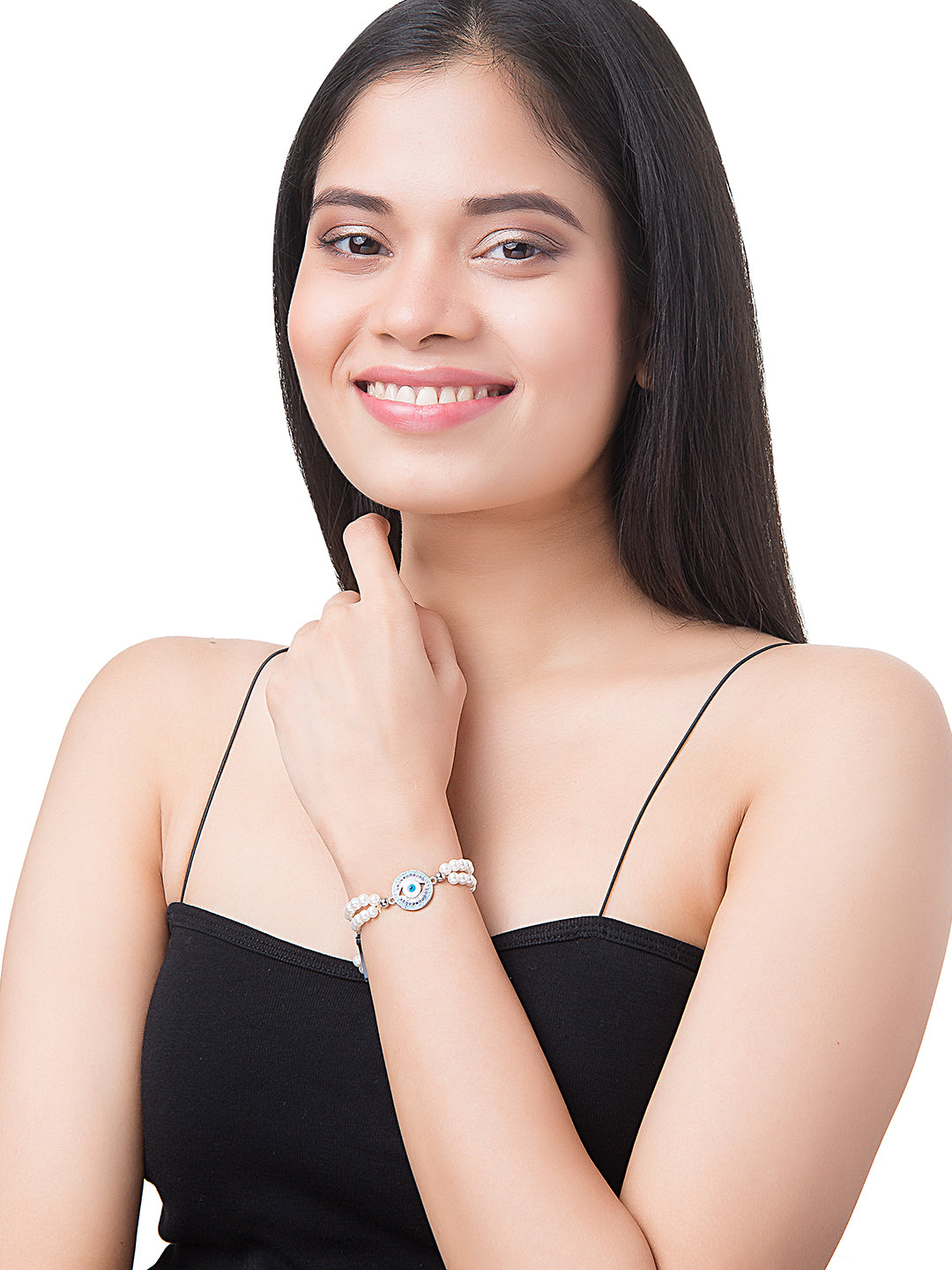 CZ Studded Silver Plated Designer Stylish and Latest Evil Eye & Hamsa Charm Pearl Bracelet for Girls & Women (MD_3223_S)