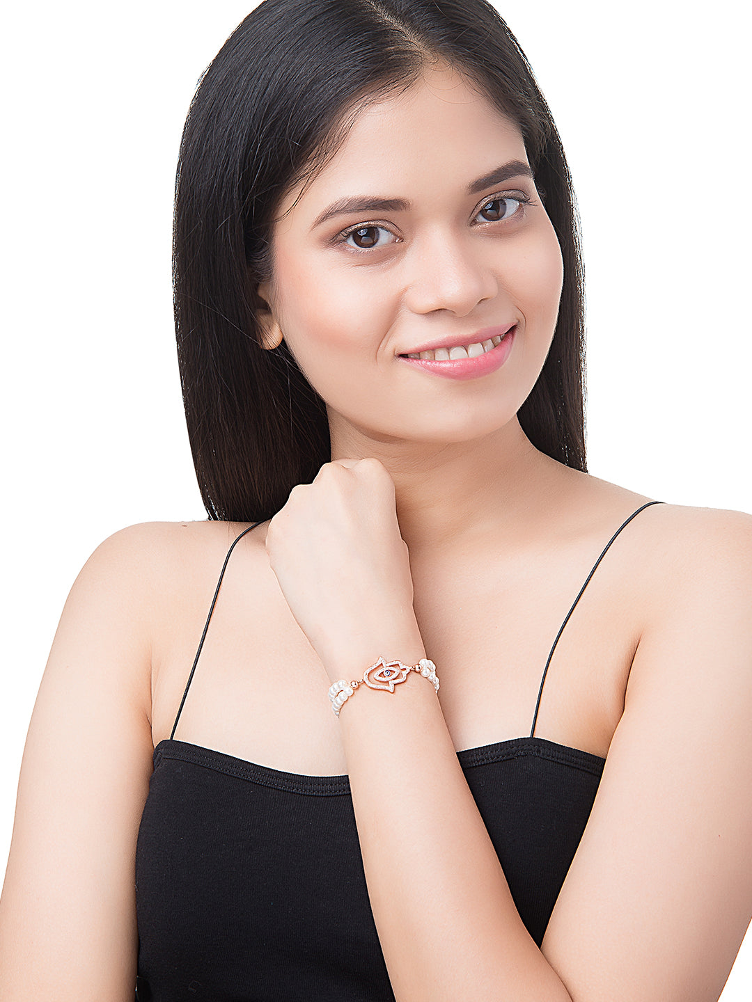 CZ Studded Rose Gold Plated Designer Stylish and Latest Evil Eye & Hamsa Charm Pearl Bracelet for Girls & Women (MD_3225_RG)