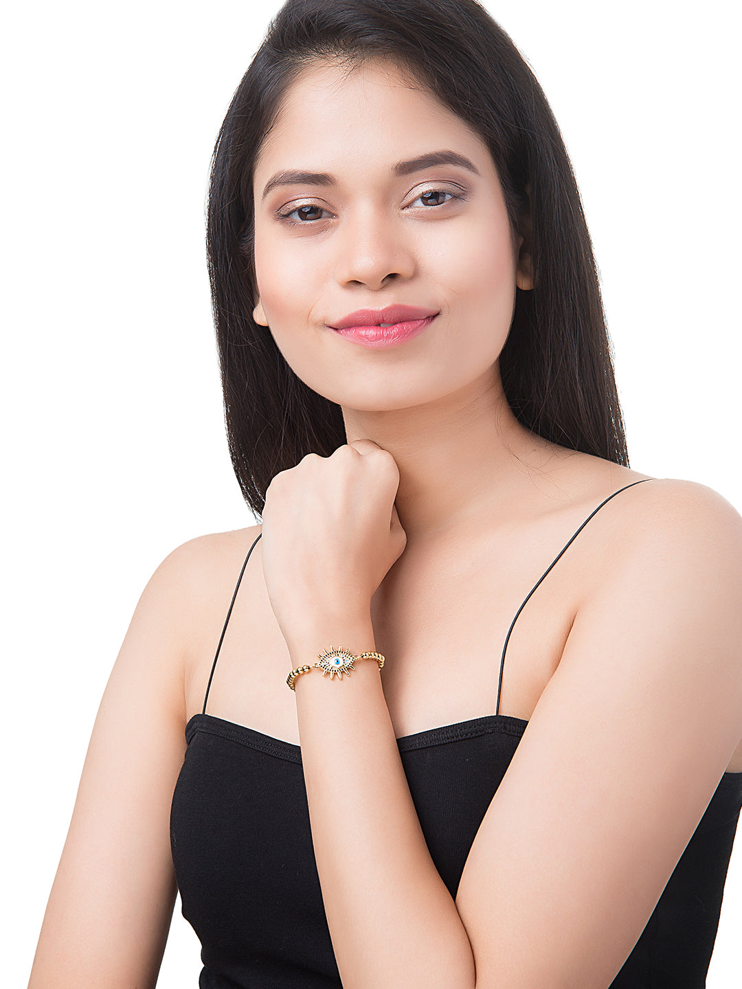 CZ Studded Gold Plated Designer Stylish and Latest Evil Eye & Hamsa Charm Beads Bracelet for Girls & Women (MD_3227_G)