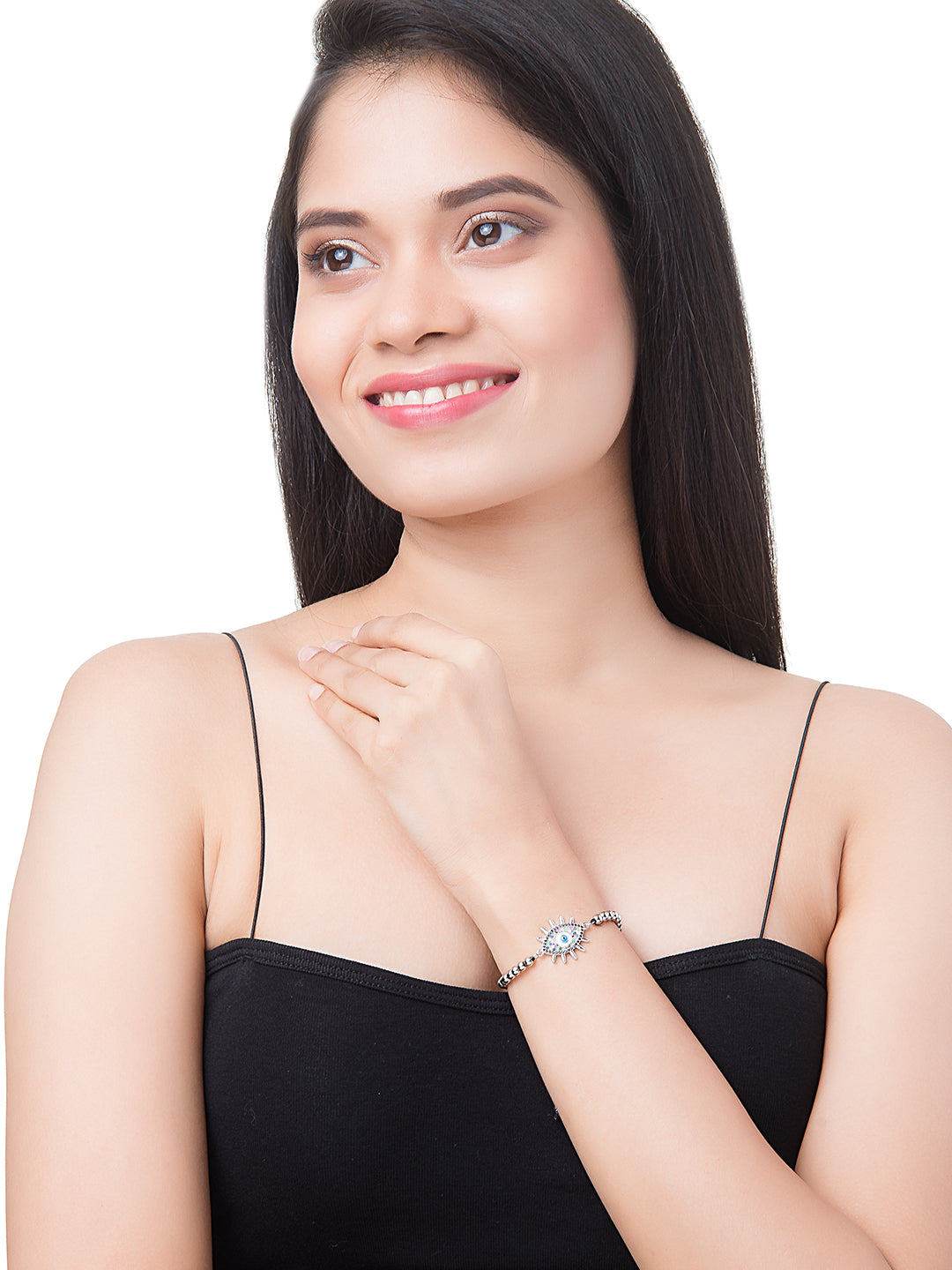 CZ Studded Silver Plated Designer Stylish and Latest Evil Eye & Hamsa Charm Bracelet for Girls & Women (MD_3227_S)