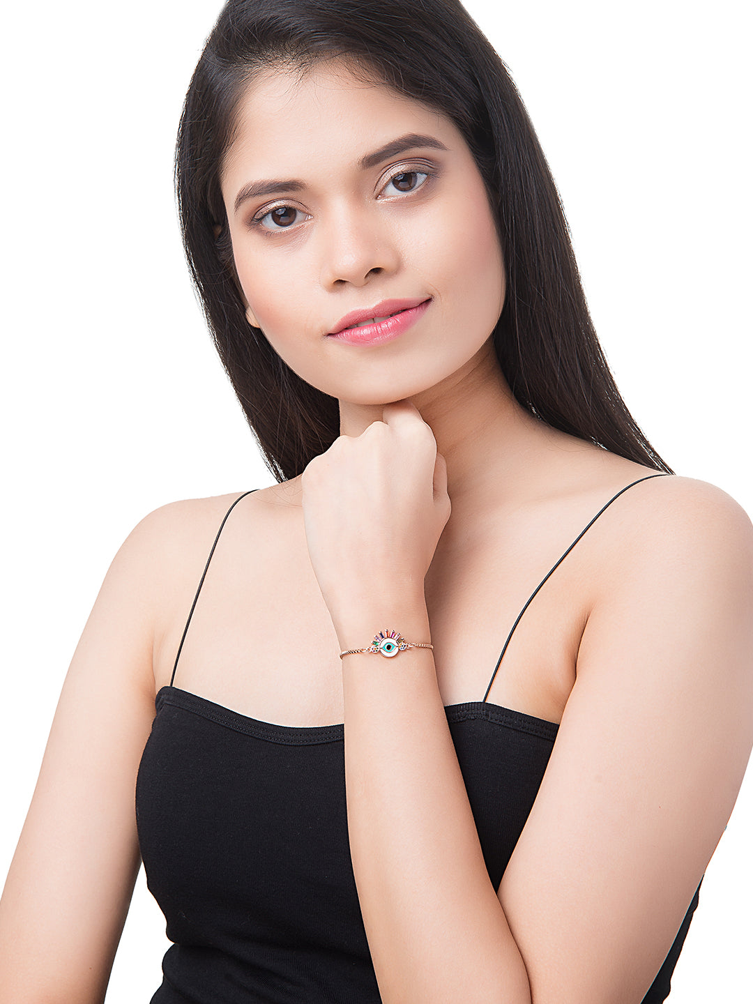 CZ Studded Rose Gold Plated Designer Stylish and Latest Evil Eye & Hamsa Charm Bracelet for Girls & Women (MD_3228_RG)