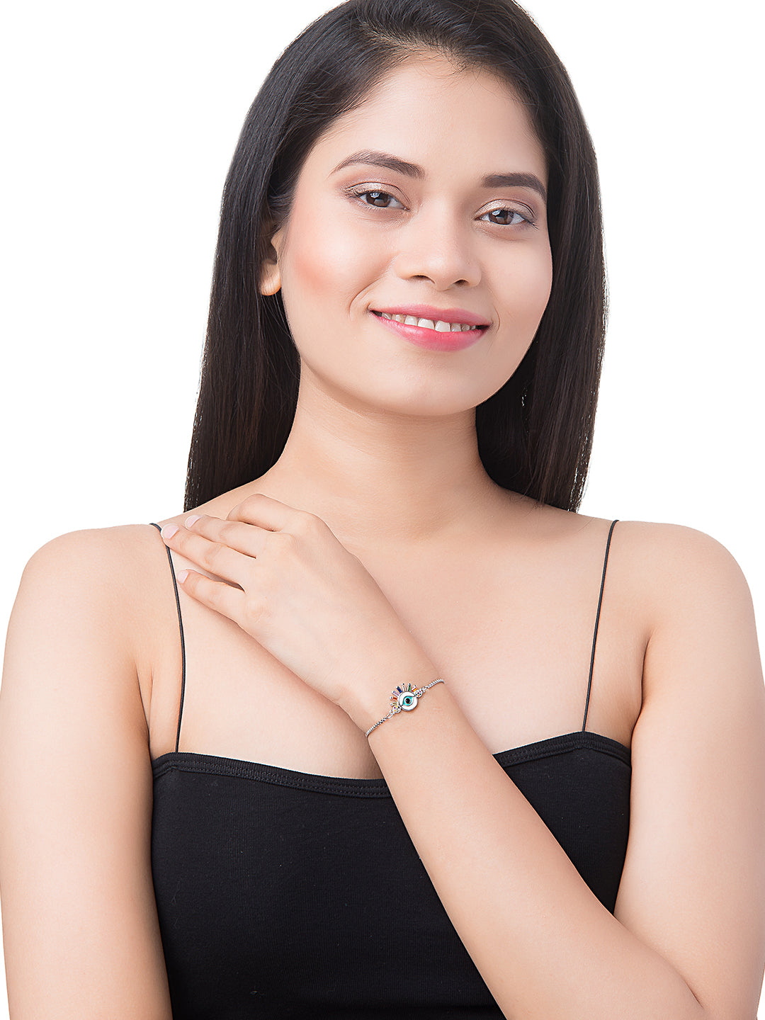 CZ Studded Silver Plated Designer Stylish and Latest Evil Eye & Hamsa Charm Bracelet for Girls & Women (MD_3228_S)