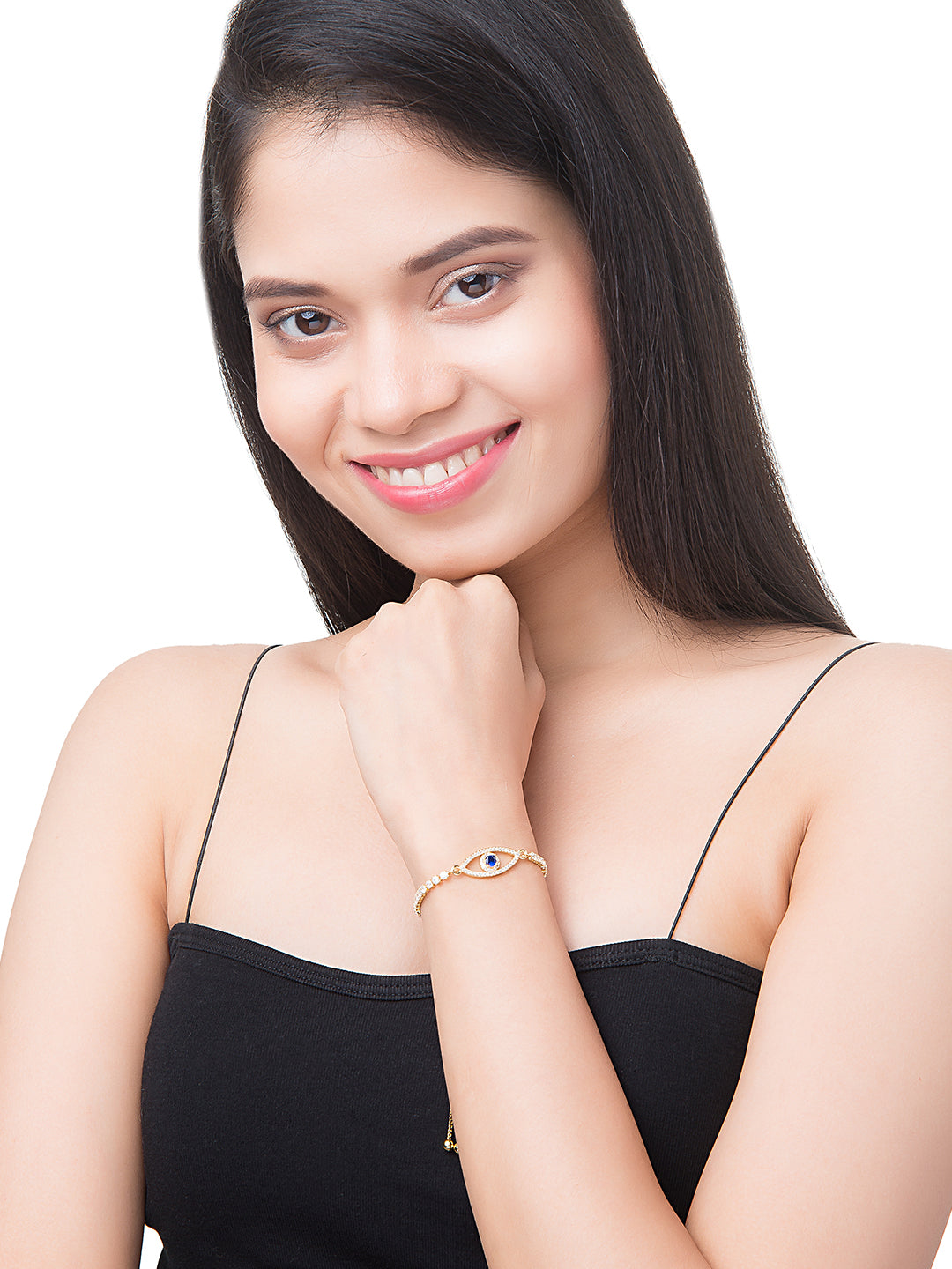 CZ Studded Gold Plated Designer Stylish and Latest Evil Eye & Hamsa Charm Bracelet for Girls & Women (MD_3229_G)