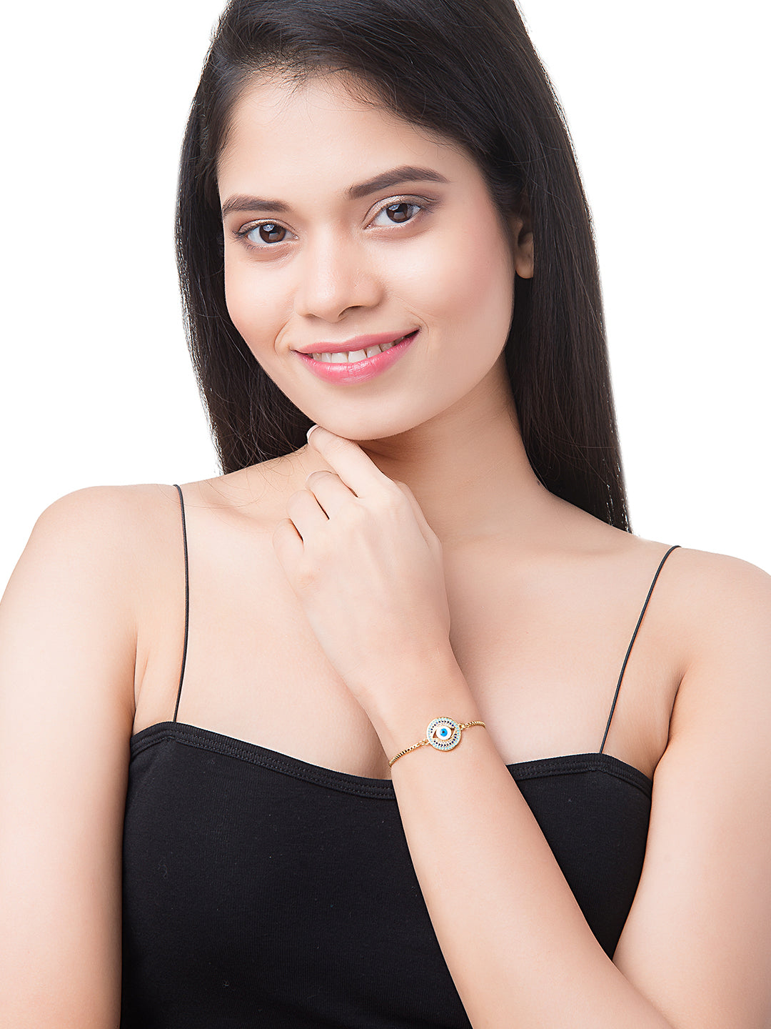 CZ Studded Gold Plated Designer Stylish and Latest Evil Eye & Hamsa Charm Bracelet for Girls & Women (MD_3230_G)