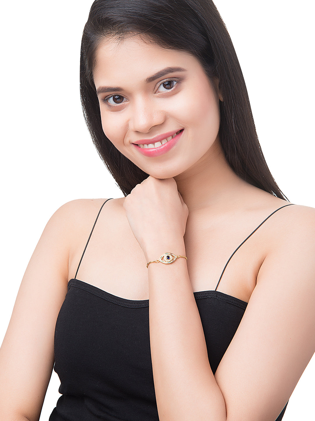 CZ Studded Gold Plated Designer Stylish and Latest Evil Eye & Hamsa Charm Bracelet for Girls & Women (MD_3231_G)