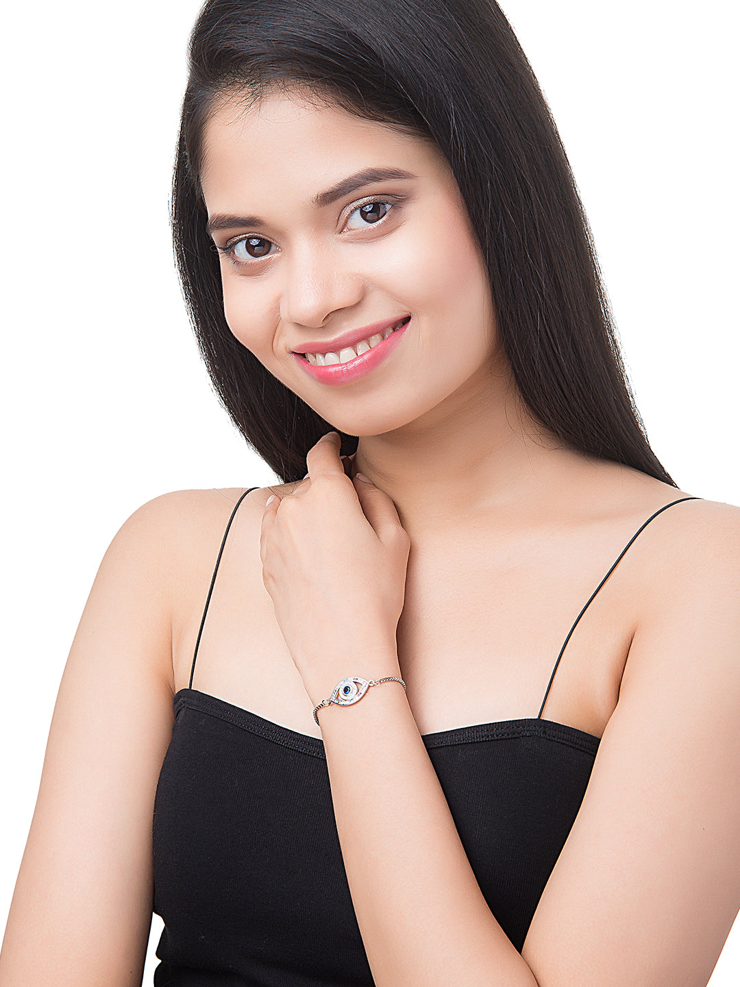 CZ Studded Silver Plated Designer Stylish and Latest Evil Eye & Hamsa Charm Bracelet for Girls & Women (MD_3231_S)