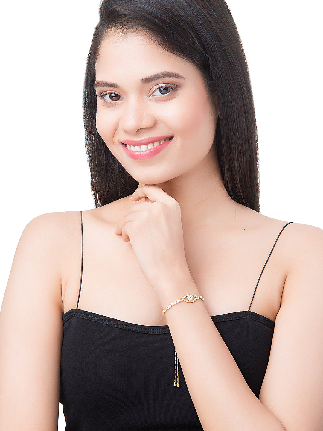 CZ Studded Gold Plated Designer Stylish and Latest Evil Eye & Hamsa Charm Bracelet for Girls & Women (MD_3232_G)