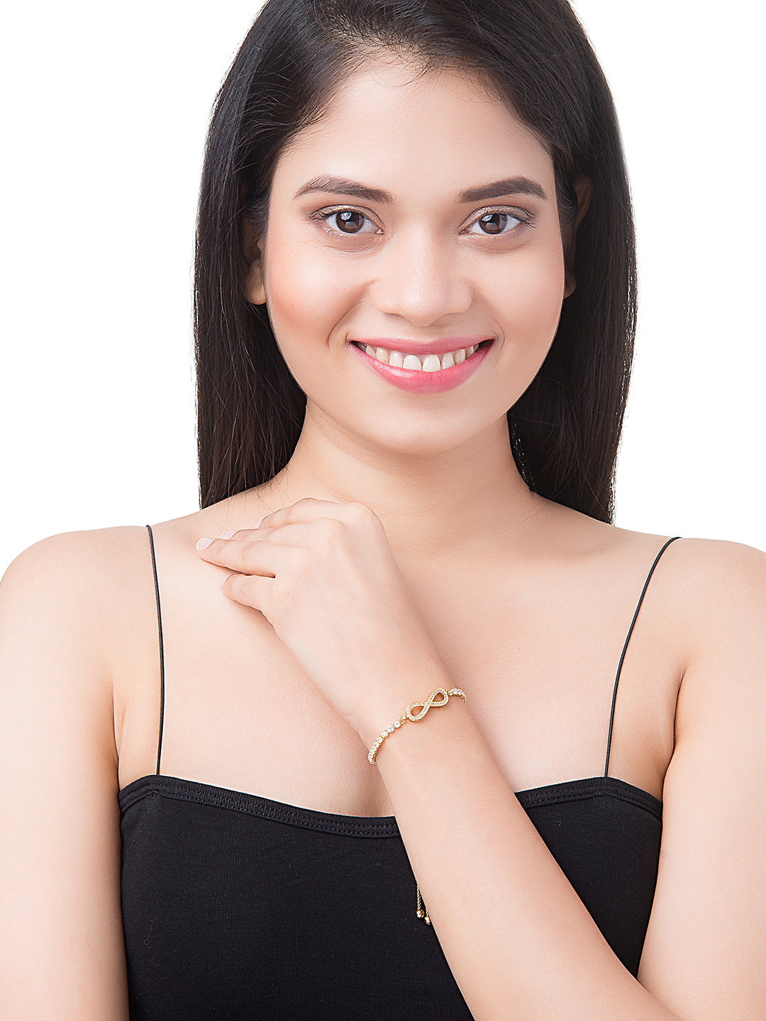 CZ Studded Gold Plated Designer Stylish and Latest Infinity & Hamsa Charm Pearl Bracelet for Girls & Women (MD_3234_G)