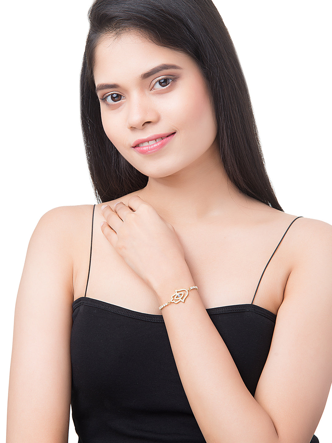 CZ Studded Gold Plated Designer Stylish and Latest Evil Eye & Hamsa Charm Bracelet for Girls & Women (MD_3244_G)