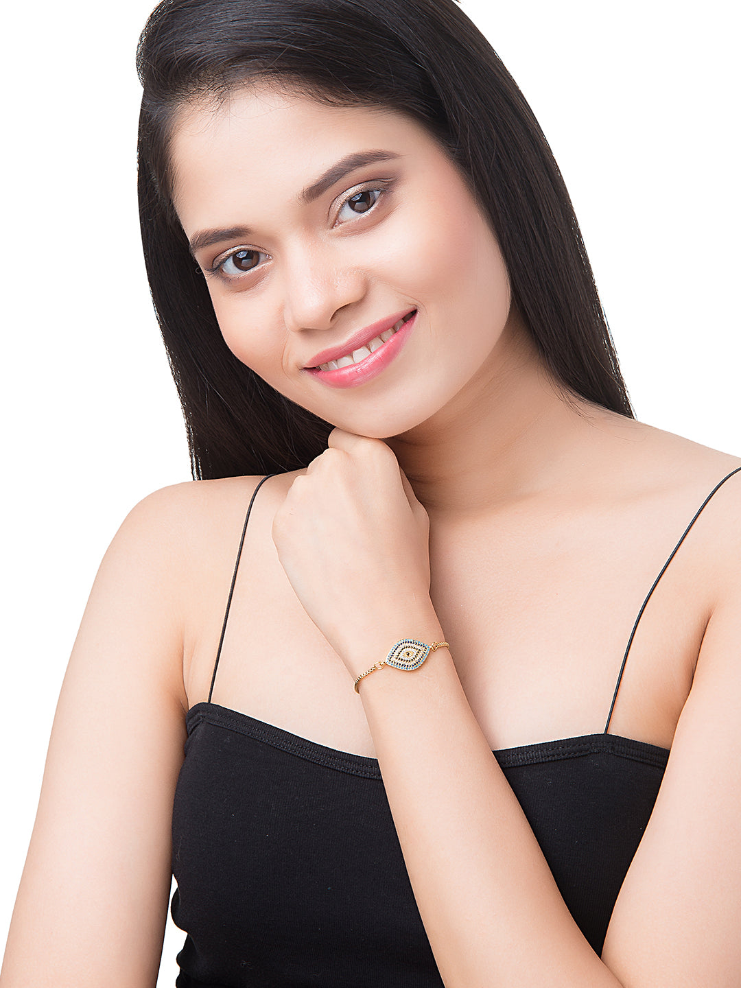 CZ Studded Gold Plated Designer Stylish and Latest Evil Eye & Hamsa Charm Bracelet for Girls & Women (MD_3246_G)