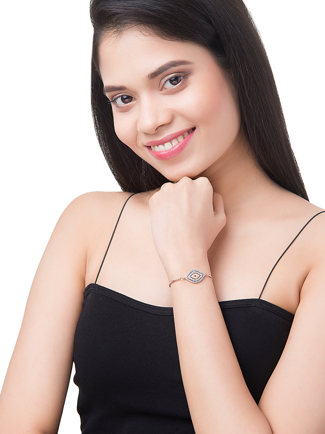 CZ Studded Rose Gold Plated Designer Stylish and Latest Evil Eye & Hamsa Charm Bracelet for Girls & Women (MD_3246_RG)