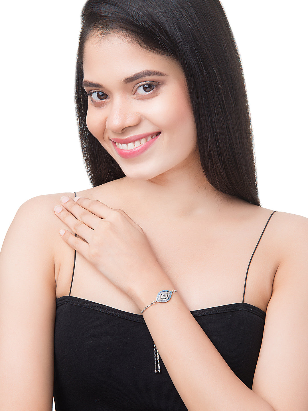 CZ Studded Silver Plated Designer Stylish and Latest Evil Eye & Hamsa Charm Bracelet for Girls & Women (MD_3246_S)