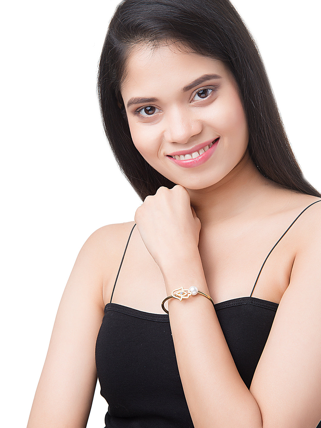 CZ Studded Gold Plated Designer Stylish and Latest Evil Eye & Hamsa With Pearl Charm Bracelet for Girls & Women (MD_3247_G)
