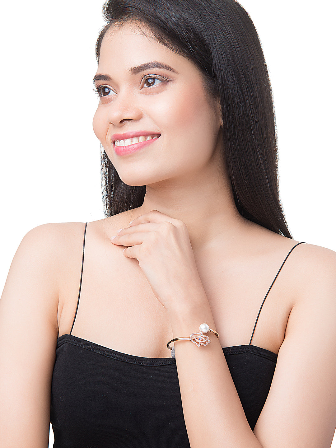 CZ Studded Rose Gold Plated Designer Stylish and Latest Evil Eye & Hamsa With Pearl Charm Bracelet for Girls & Women (MD_3247_RG)