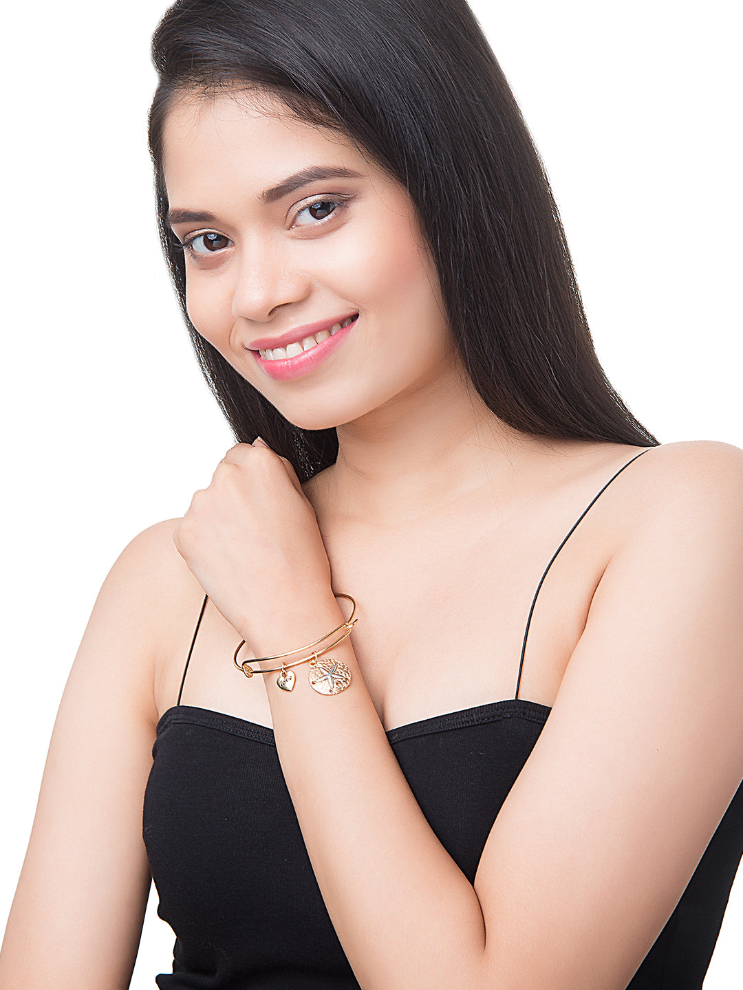 Gold Plated Latest Designer Contemporary Love and Affirmation Charms Bangle Bracelet for Girls & Women (MD_3249_G)