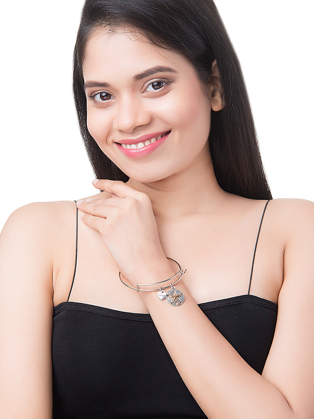 Silver Plated Latest Designer Contemporary Love and Affirmation Charms Bangle Bracelet for Girls & Women (MD_3249_S)