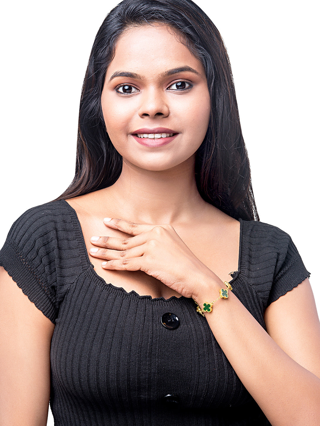 Gold Plated American Diamond Designer Flower Clover Bracelet For Girls, Teens & Women