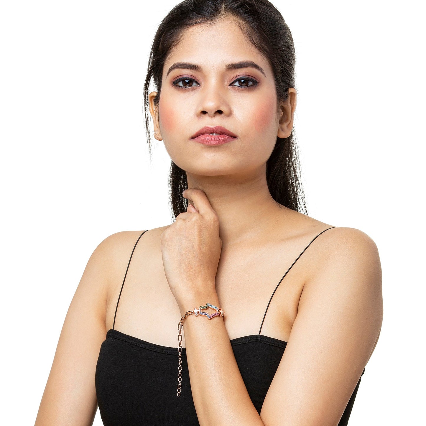 CZ Studded Gold Plated Designer Stylish and Latest Charm Hamsa Bracelet for Girls & Women (MD_3267_RG)