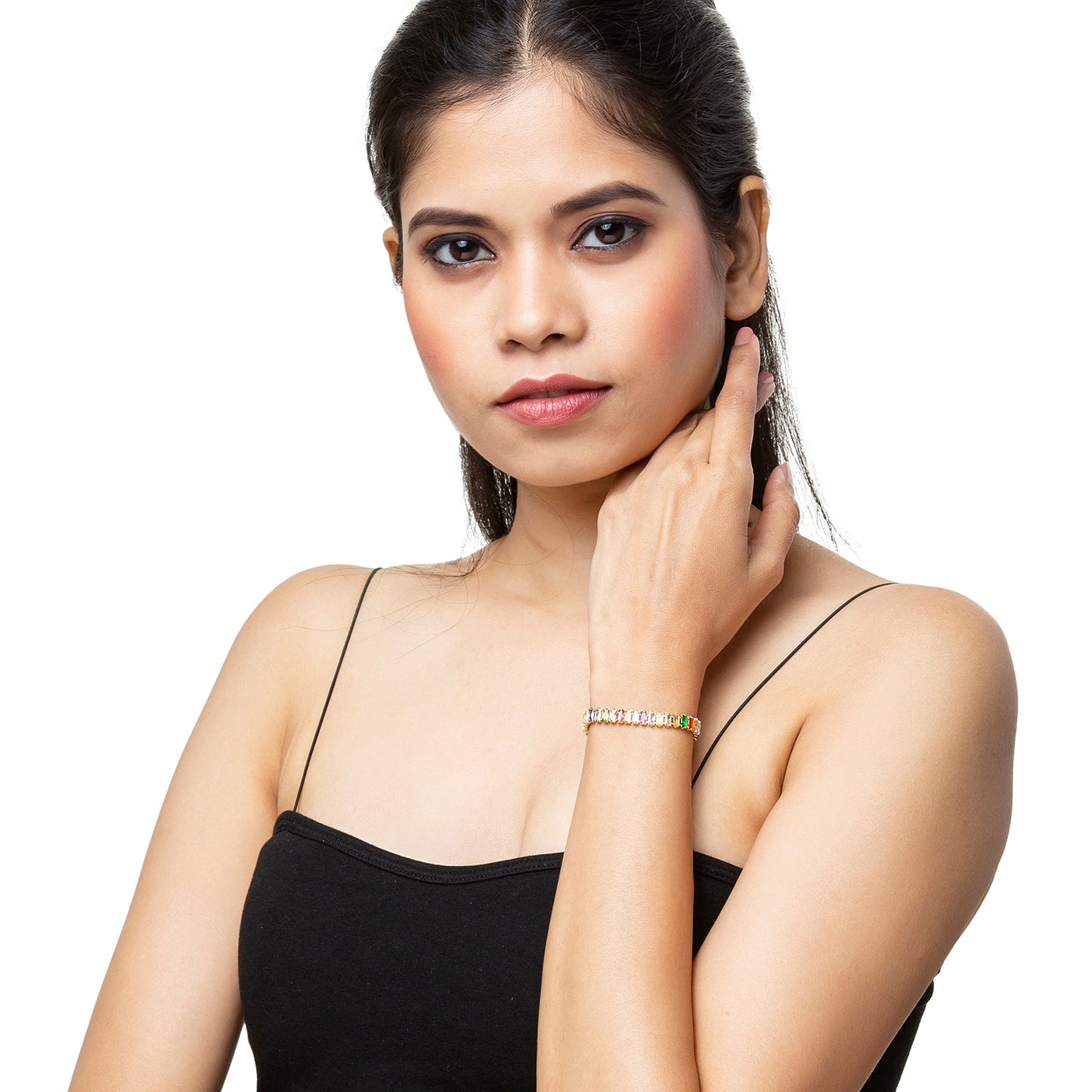 CZ Studded Gold Plated Designer Stylish and Latest Multicolor Tennis Stone Bracelet for Girls & Women (MD_3274_G)