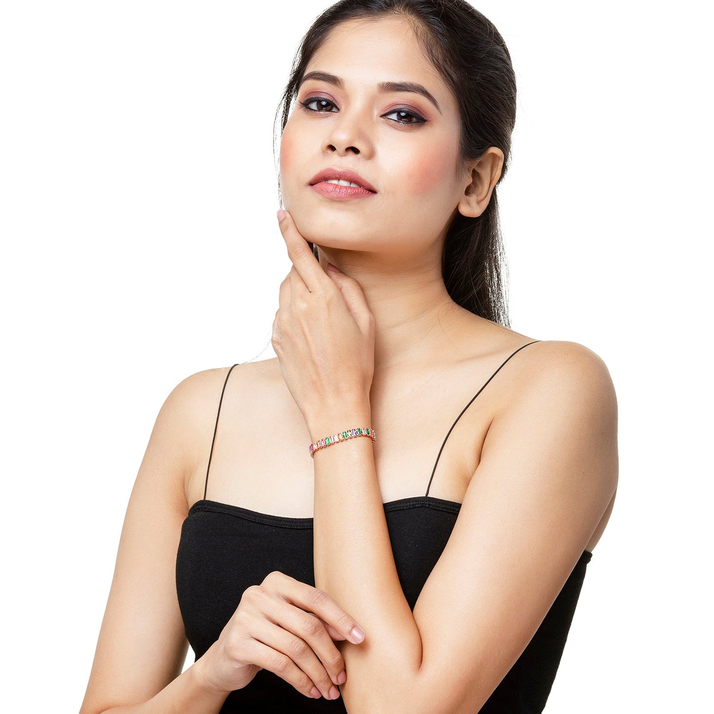 CZ Studded Rose Gold Plated Designer Stylish and Latest Multicolor Tennis Stone Bracelet for Girls & Women (MD_3274_RG)