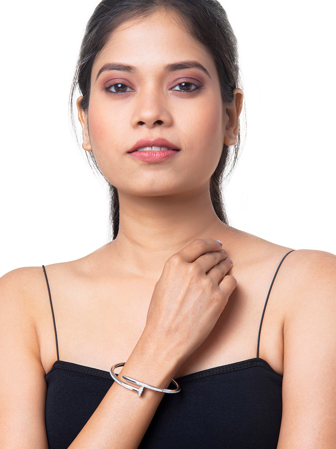 Silver Plated Valentine Special Hammer-Nail CZ Zircon Studded Lovers Bangle Bracelet for Women MD_3279_S