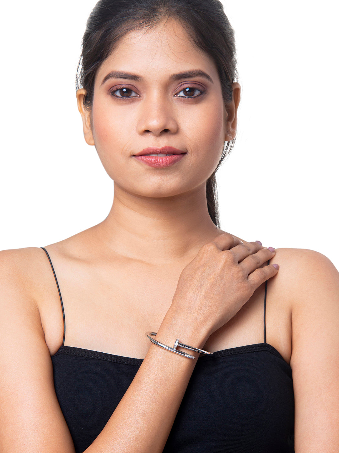 Silver Plated Valentine Special Hammer-Nail CZ Zircon Studded Lovers Bangle Bracelet for Women MD_3280_S