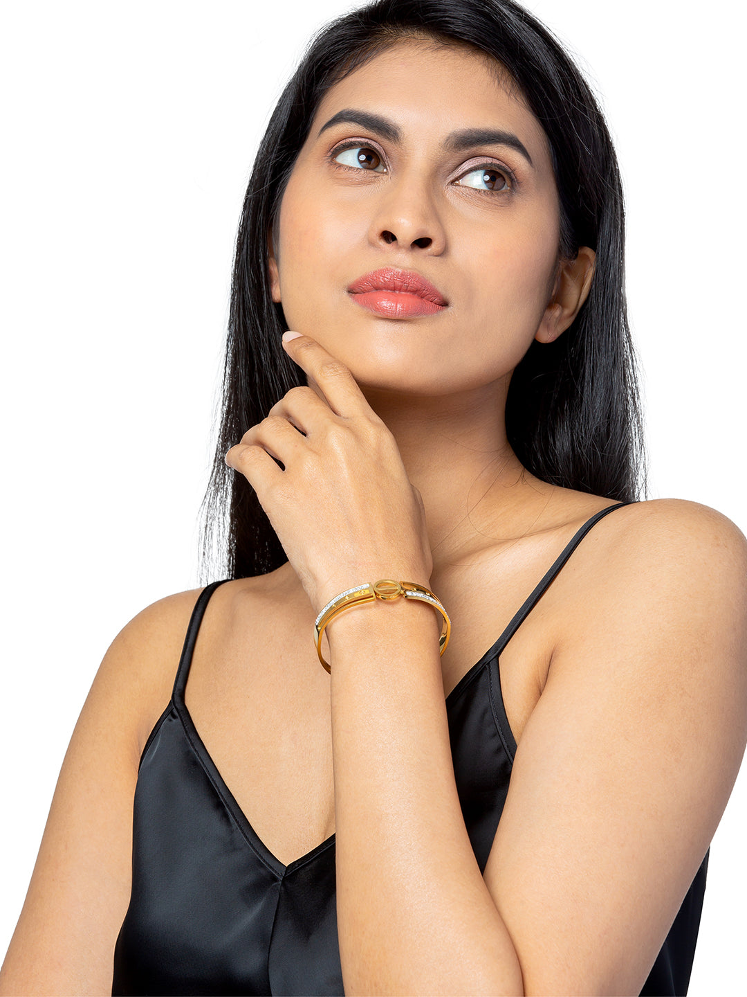 MOONDUST Gold Plated CZ and Crystal Studded Western Style Freesize Bracelet Bangle for Women (MD_3286_G)