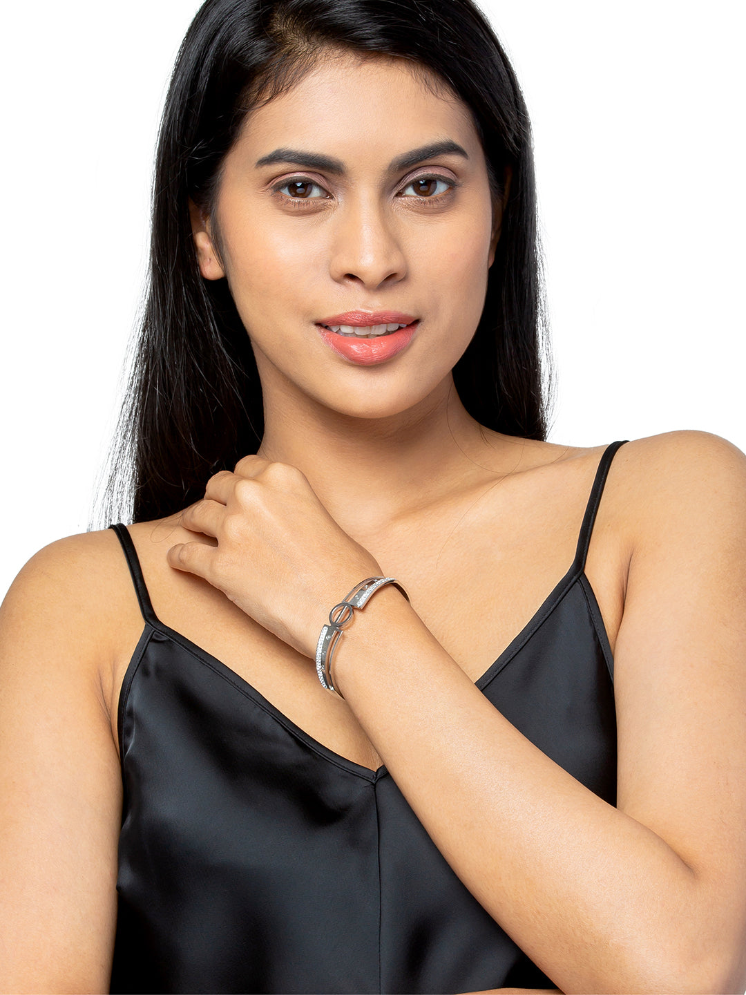 MOONDUST Silver Rhodium Plated CZ and Crystal Studded Western Style Freesize Bracelet Bangle for Women (MD_3286_S)