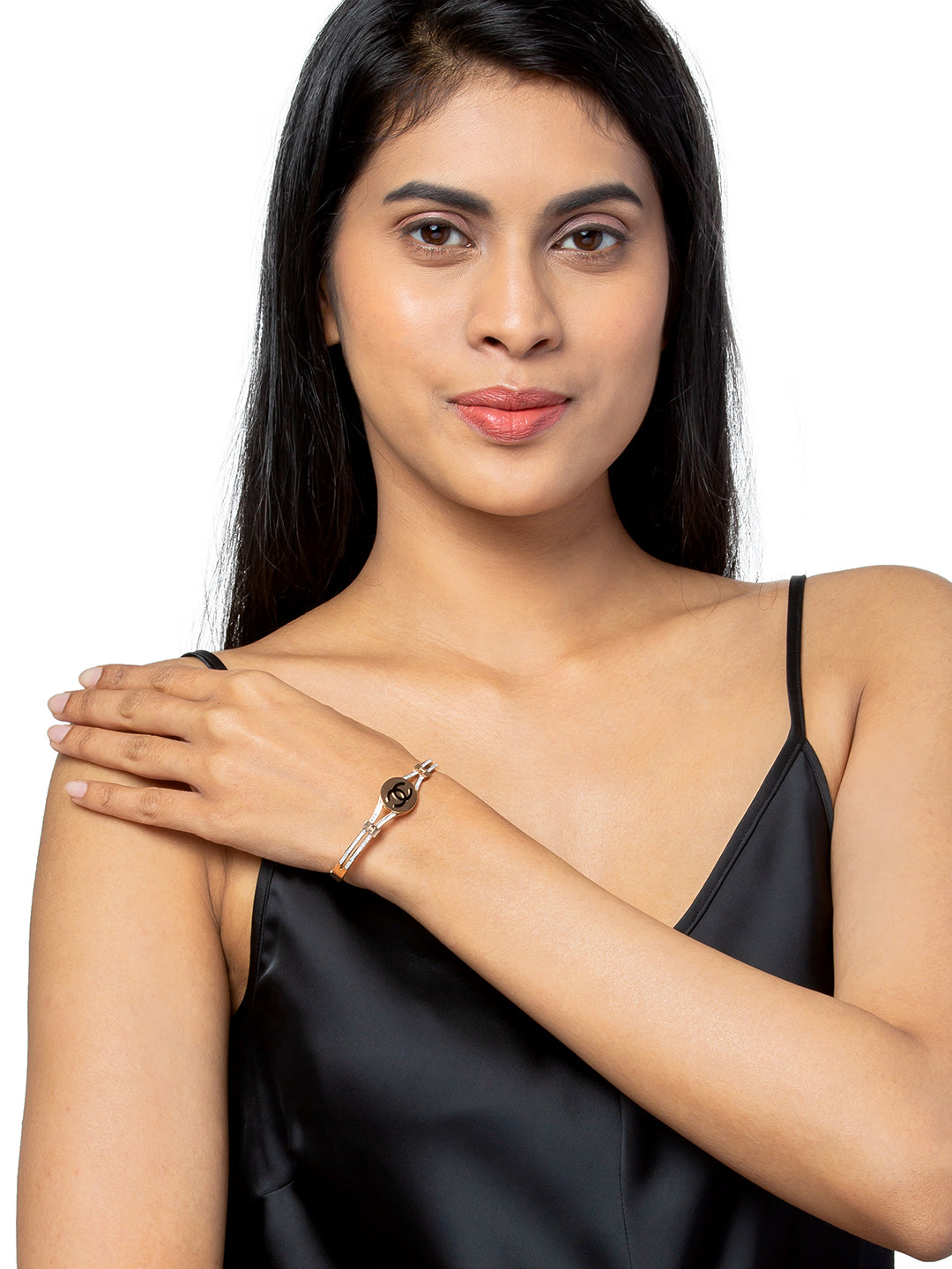 MOONDUST Rose Gold Plated CZ and Crystal Studded Western Style Freesize Bracelet Bangle for Women (MD_3287_RG)