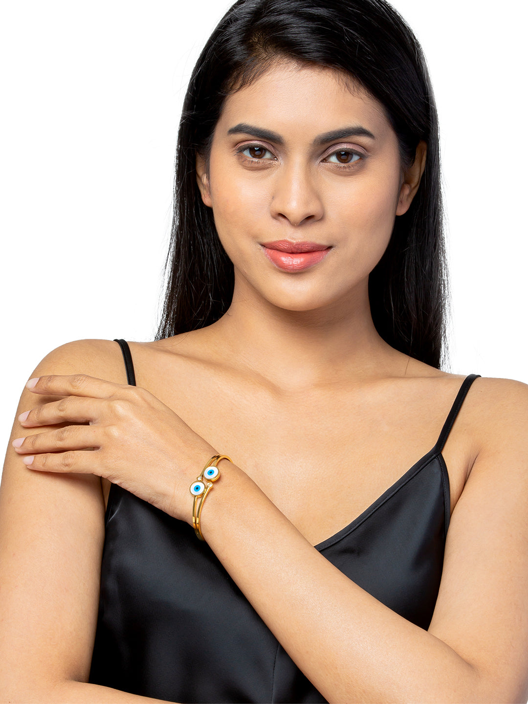 MOONDUST Gold Plated CZ and Crystal Studded Western Evil eye Style Freesize Bracelet Bangle for Women (MD_3288_G)