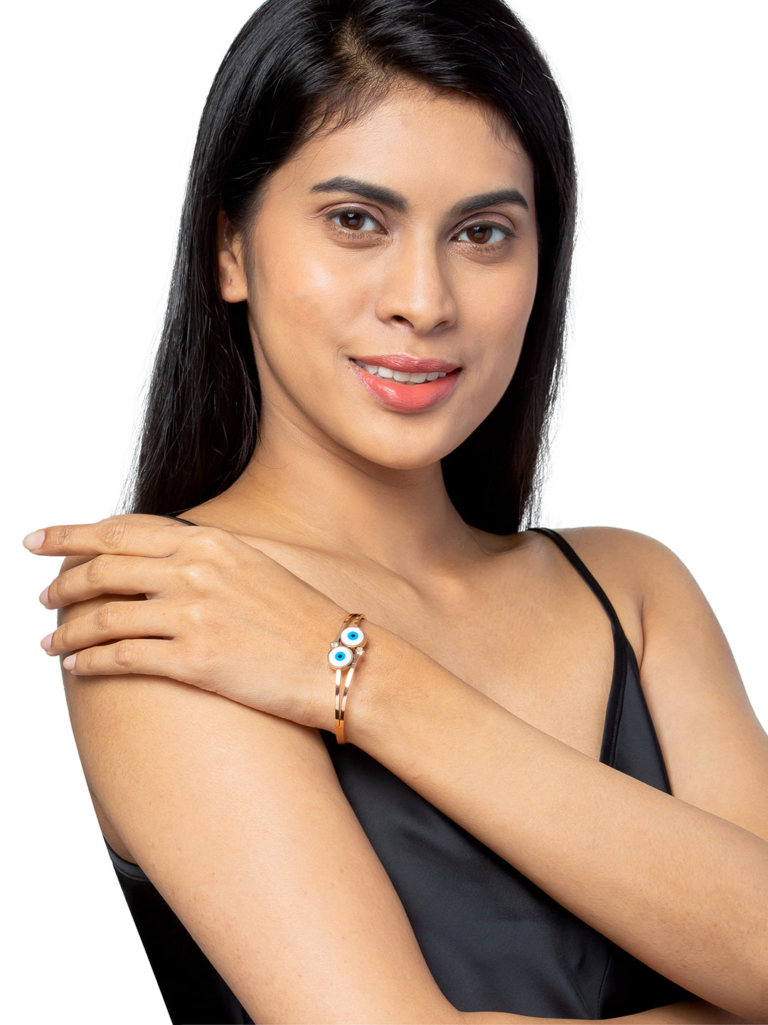 MOONDUST Rose Gold Plated CZ and Crystal Studded Western Evil eye Style Freesize Bracelet Bangle for Women (MD_3288_RG)