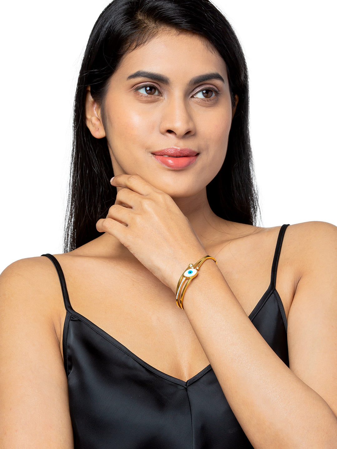 MOONDUST Gold Plated CZ and Crystal Studded Western Evil eye Style Freesize Bracelet Bangle for Women (MD_3289_G)