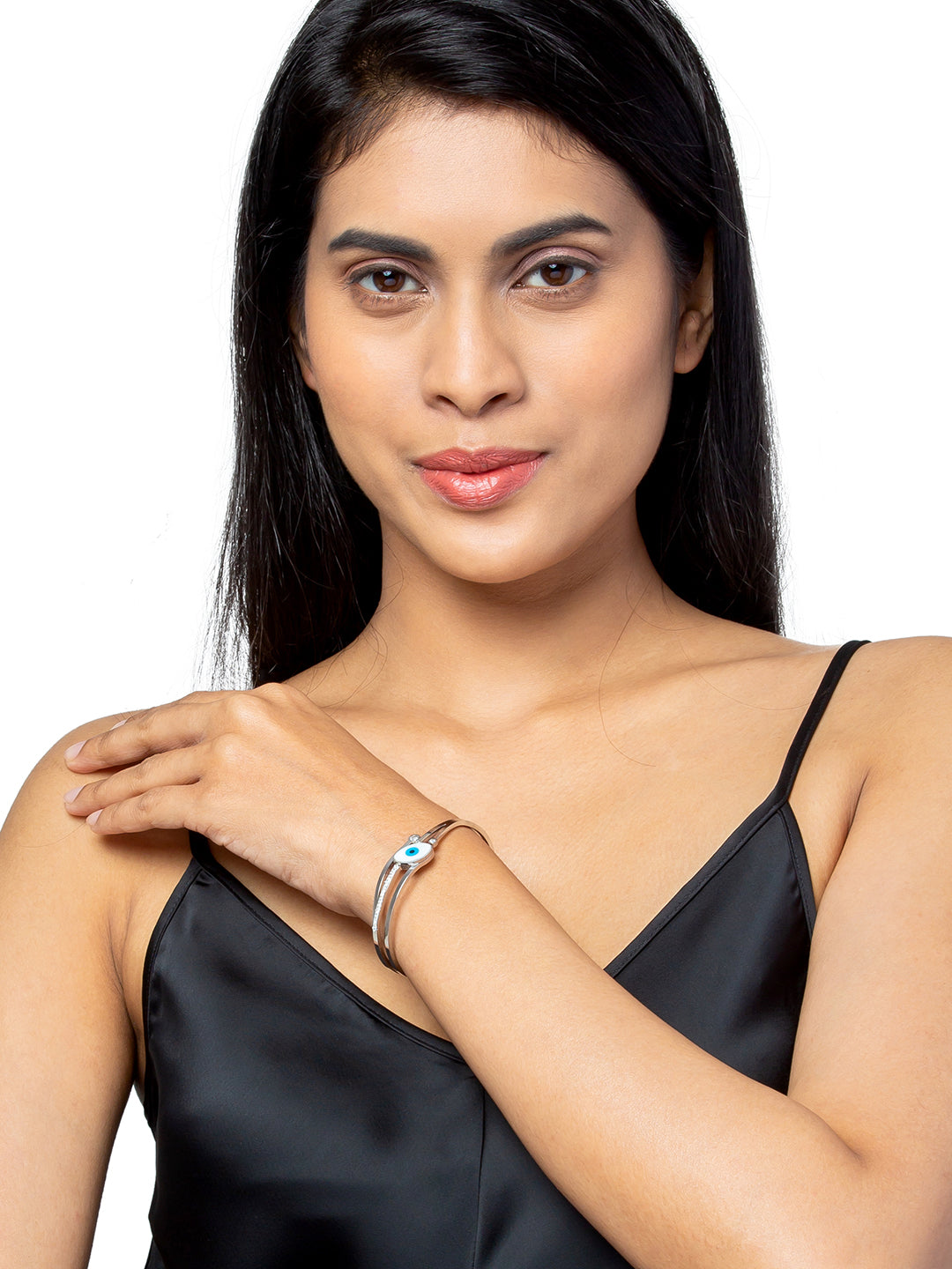 MOONDUST Silver Rhodium Plated CZ and Crystal Studded Western Evil eye Style Freesize Bracelet Bangle for Women (MD_3289_S)