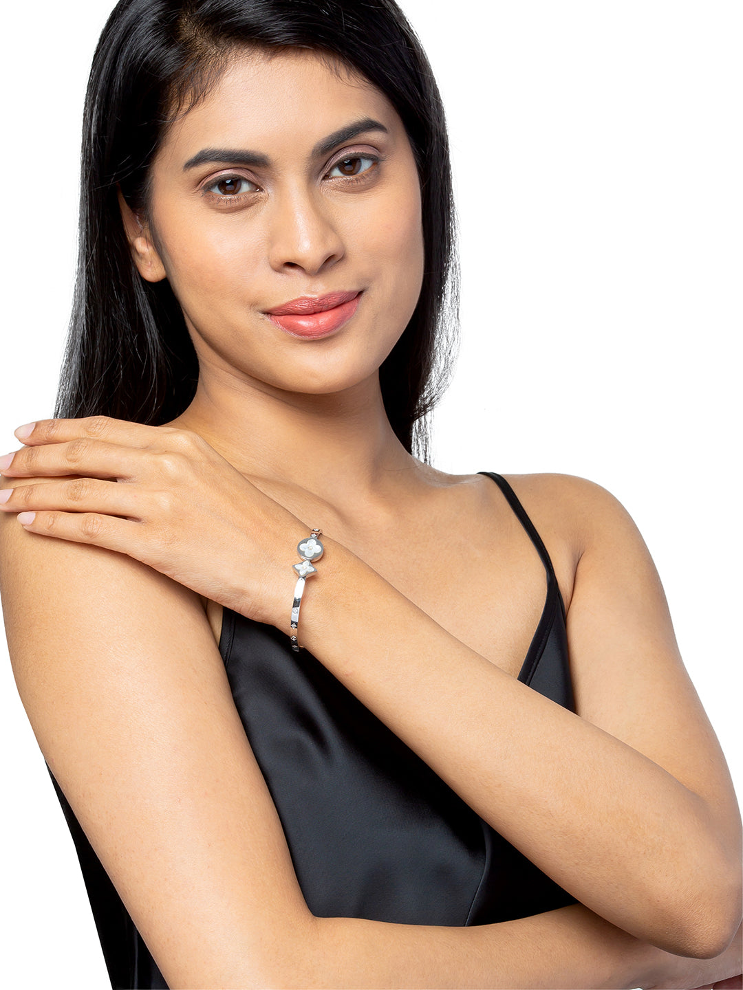 MOONDUST Silver Rhodium Plated White (Mother of Pearl) CZ and Crystal Studded Western Style Freesize Bracelet Bangle for Women (MD_3290_S)