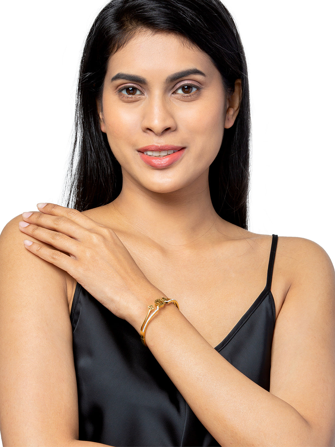 MOONDUST Gold Plated CZ and Crystal Studded Western Style Freesize Bracelet Bangle for Women (MD_3291_G)