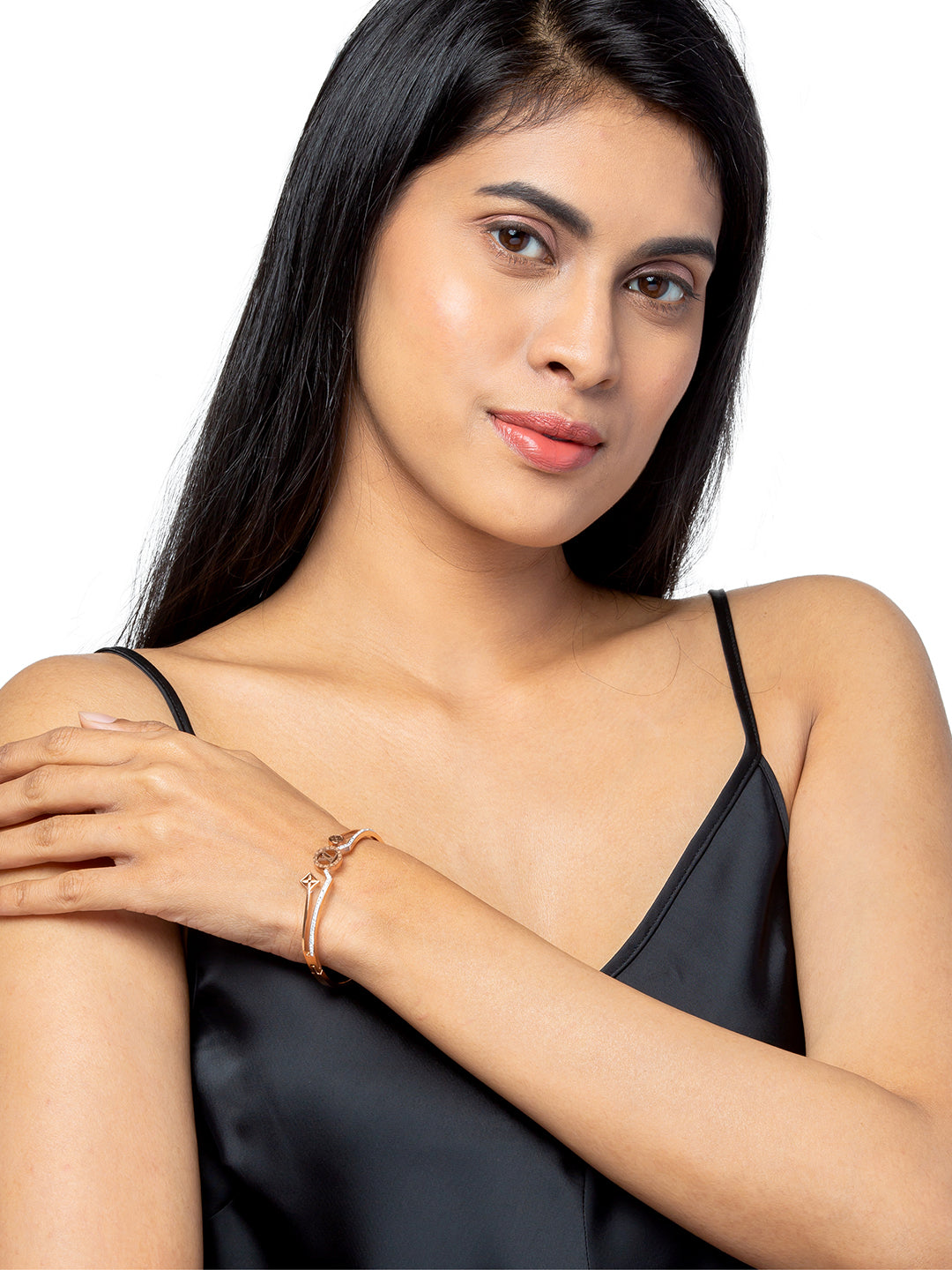 MOONDUST Rose Gold Plated CZ and Crystal Studded Western Style Freesize Bracelet Bangle for Women (MD_3291_RG)