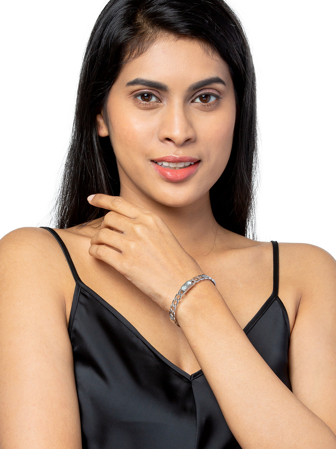 MOONDUST Silver Rhodium Plated CZ and Crystal Studded Western Style Freesize Bracelet Bangle for Women (MD_3292_S)