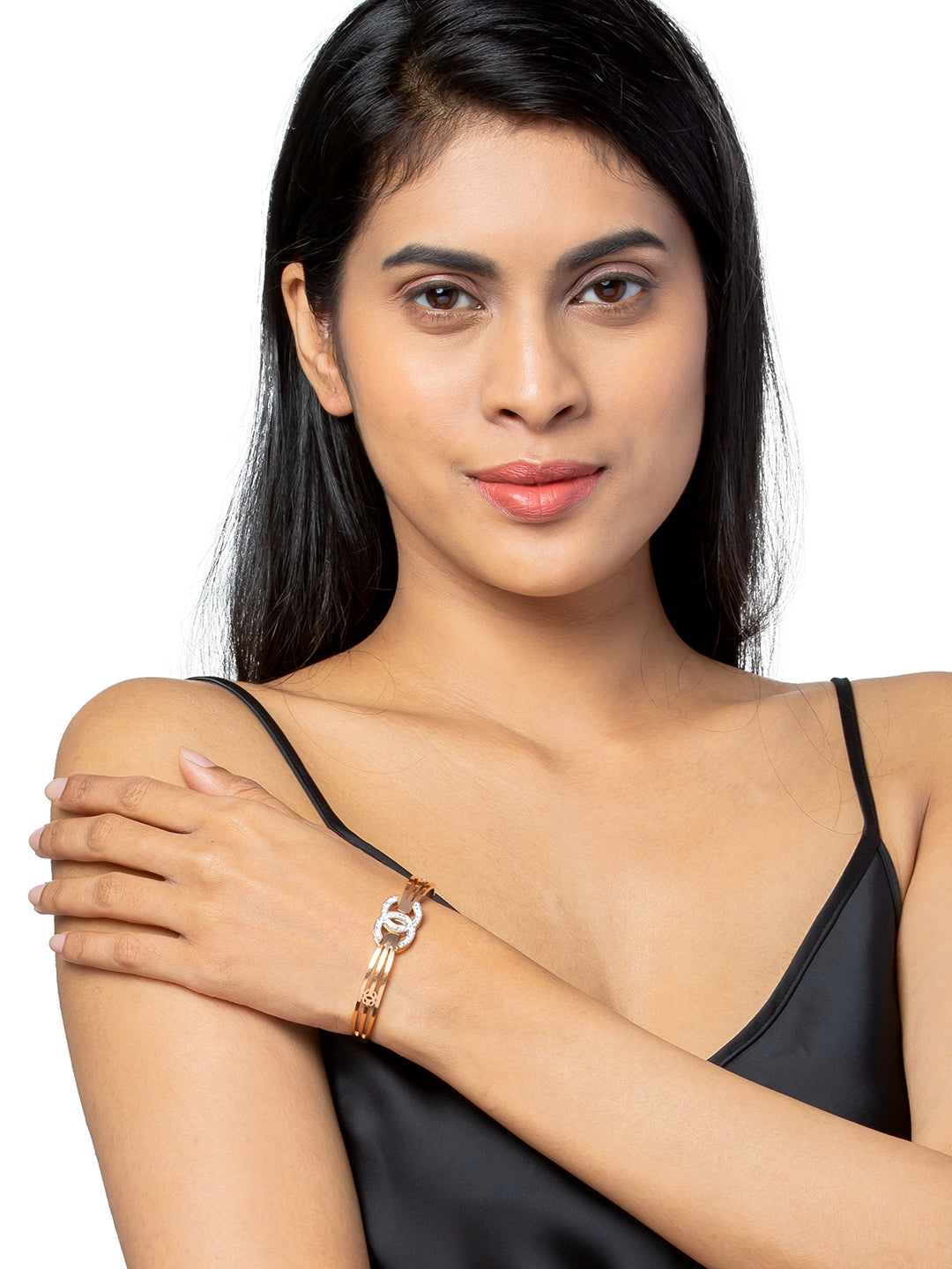 MOONDUST Rose Gold Plated CZ and Crystal Studded Western Style Freesize Bracelet Bangle for Women (MD_3293_RG)