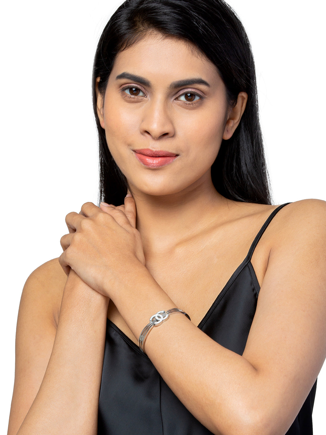 MOONDUST Silver Rhodium Plated CZ and Crystal Studded Western Style Freesize Bracelet Bangle for Women (MD_3293_S)