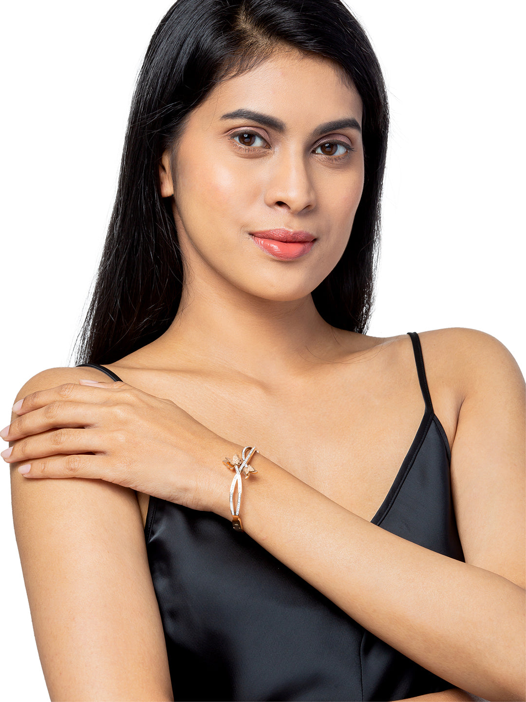 MOONDUST Rose Gold Plated CZ and Crystal Studded Western Butterfly Style Freesize Bracelet Bangle for Women (MD_3294_RG)
