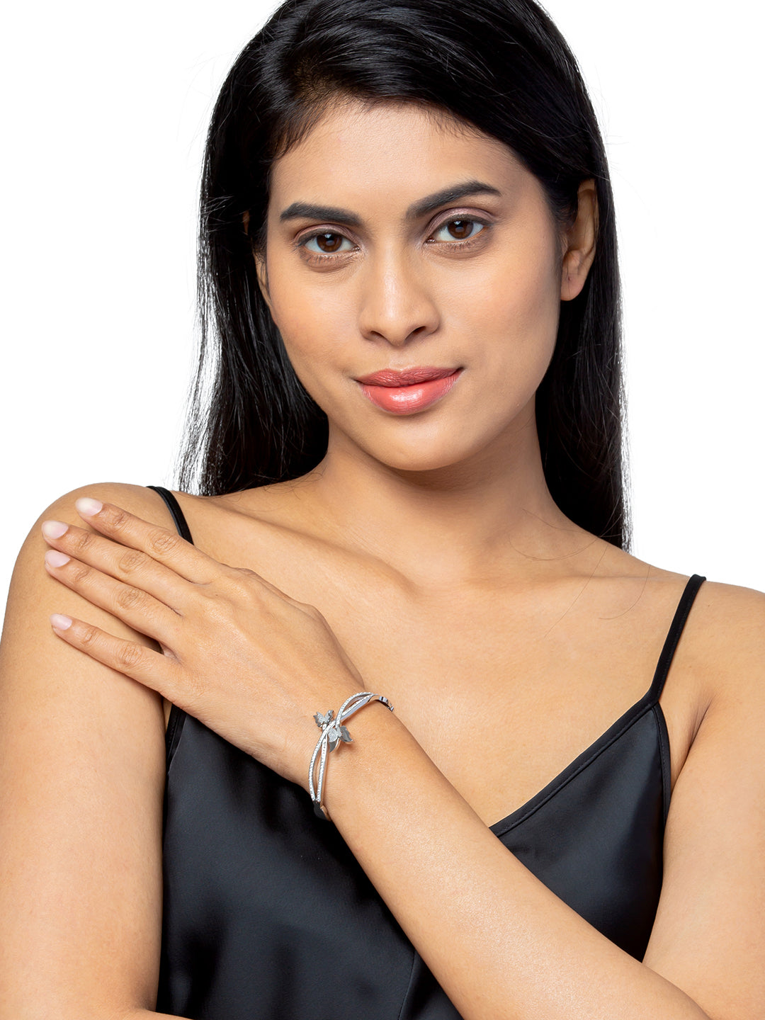 MOONDUST Silver Rhodium Plated CZ and Crystal Studded Western Butterfly Style Freesize Bracelet Bangle for Women (MD_3294_S)