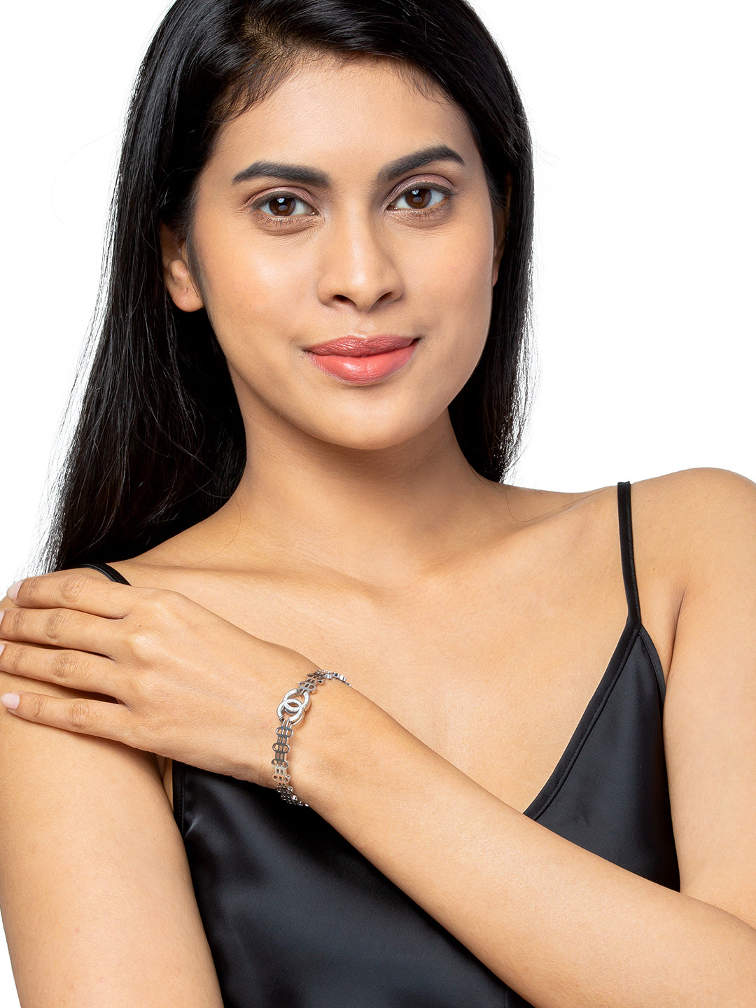 MOONDUST Silver Rhodium Plated CZ and Crystal Studded Western Style Freesize Bracelet Bangle for Women (MD_3295_S)