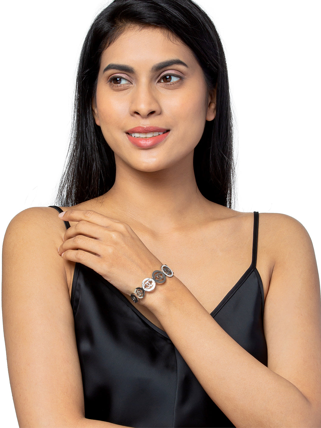 MOONDUST Silver Rhodium Plated CZ and Crystal Studded Western Style Freesize Bracelet Bangle for Women (MD_3298_S)