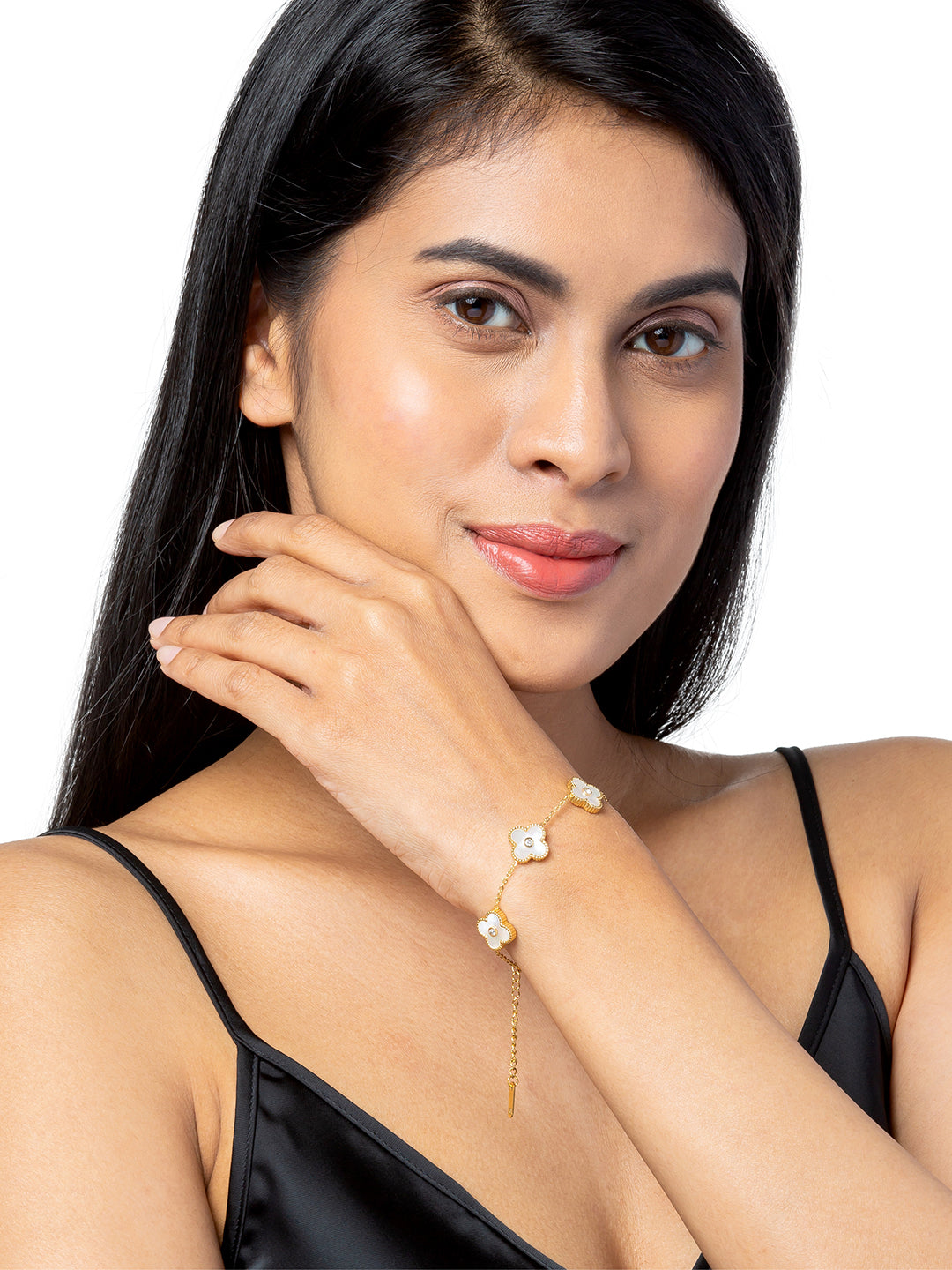 MOONDUST Gold Plated Flower Clover CZ and Crystal Studded Western Style Freesize Bracelet Bangle for Women (MD_3302_W)