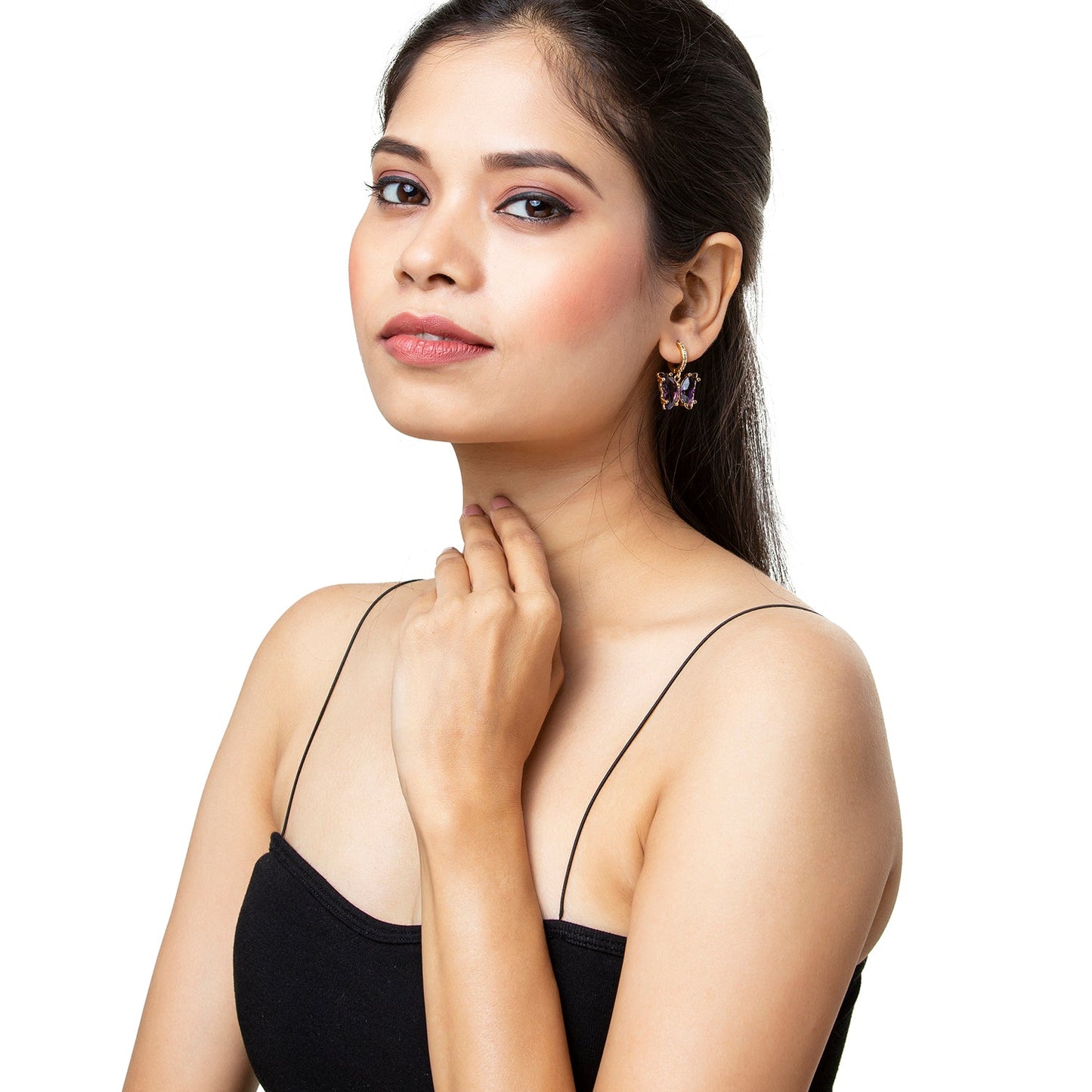 Gold Plated Dangle Hoop Earrings, Butterfly Purple Colour Crystal For Girls, Teens & Women (MD_88_PR)