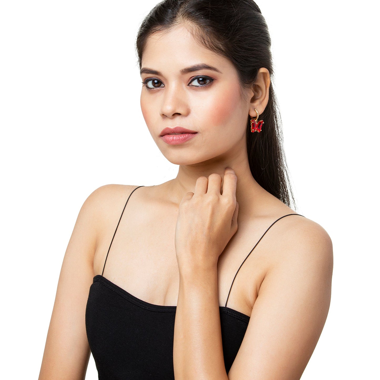 Gold Plated Dangle Hoop Earrings Butterfly Red Colour Crystal For Girls Teens & Women (MD_88_R)