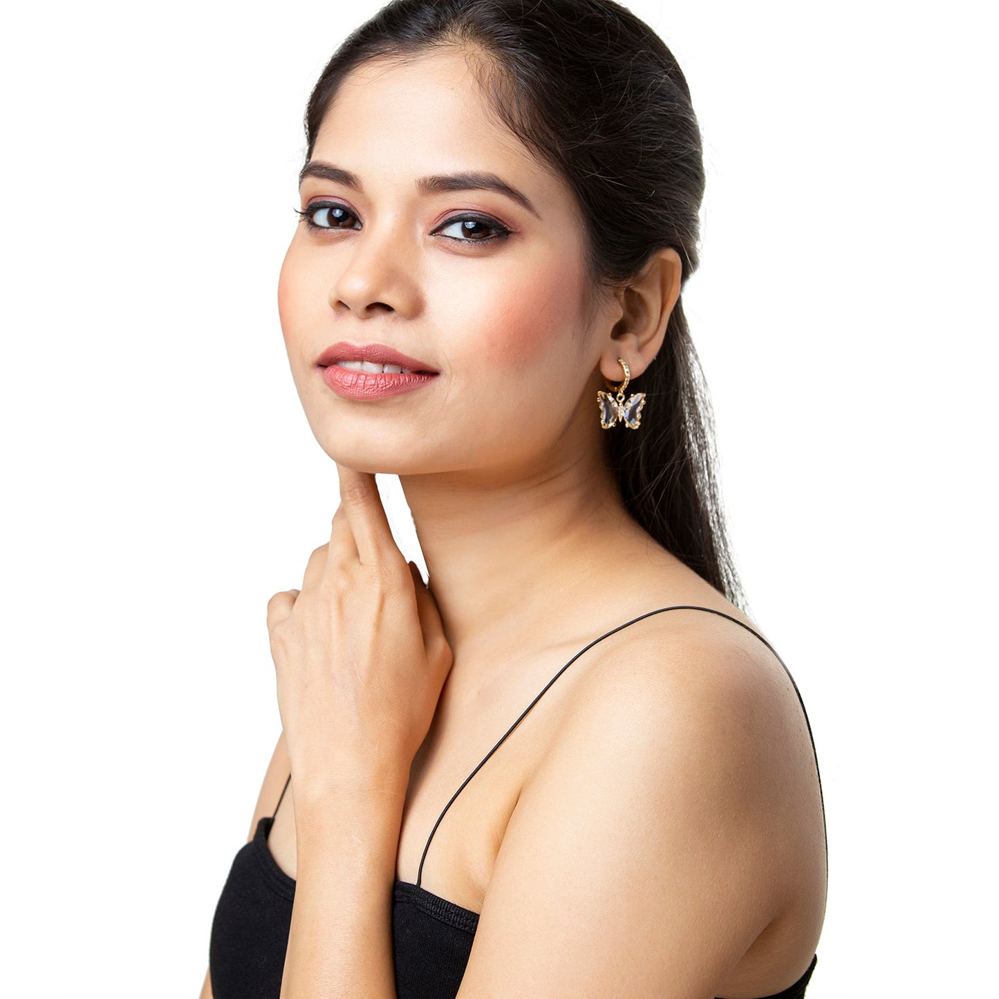 Gold Plated Dangle Hoop Earrings, Butterfly White Colour Crystal For Girls, Teens & Women (MD_88_W)