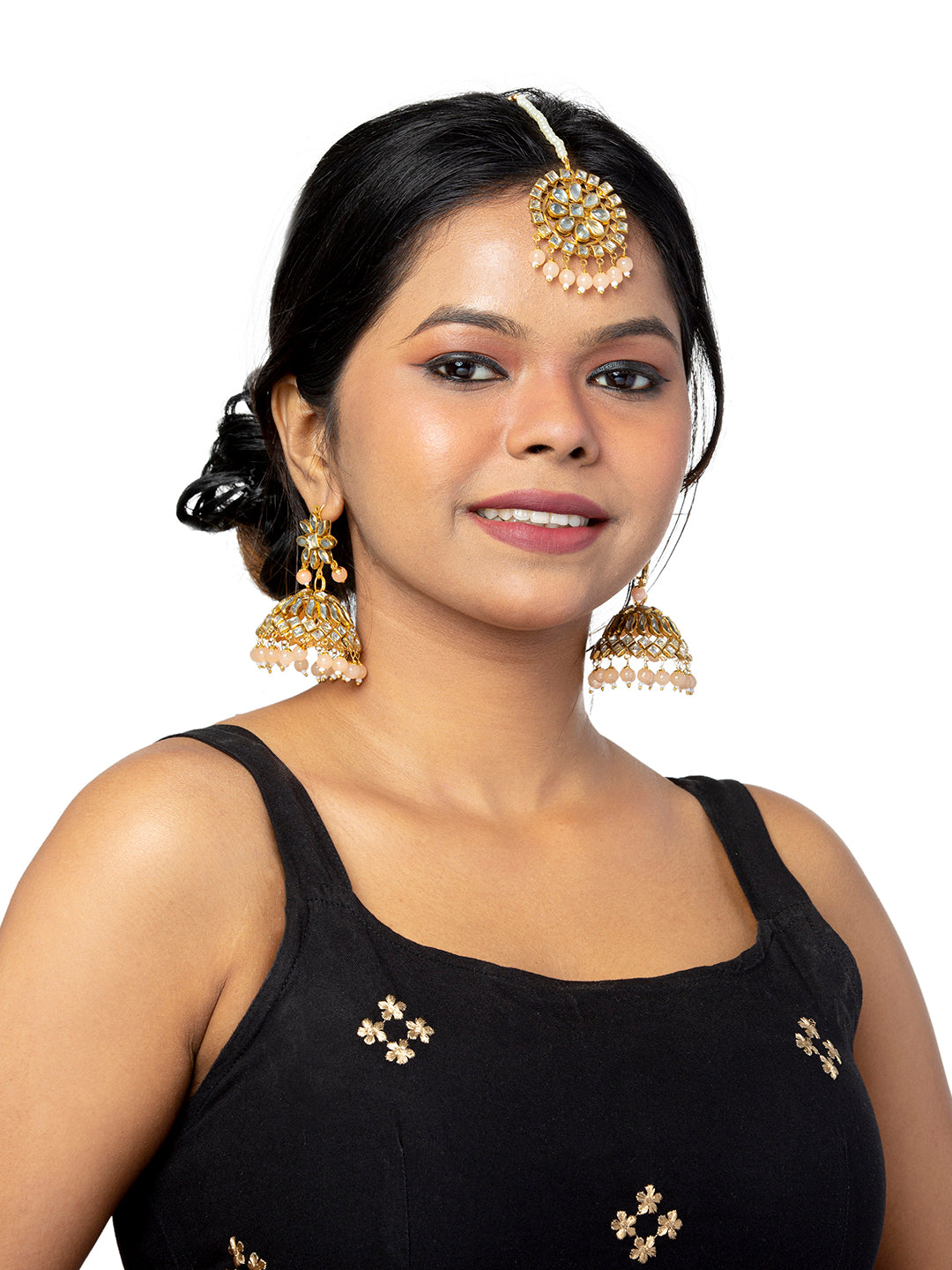 Shining Jewel Gold Plated Traditional Kundan, Pearls, Polki, Big Jhumka Earring and Maang Tikka Combo Set for Women (SJE_01_C)